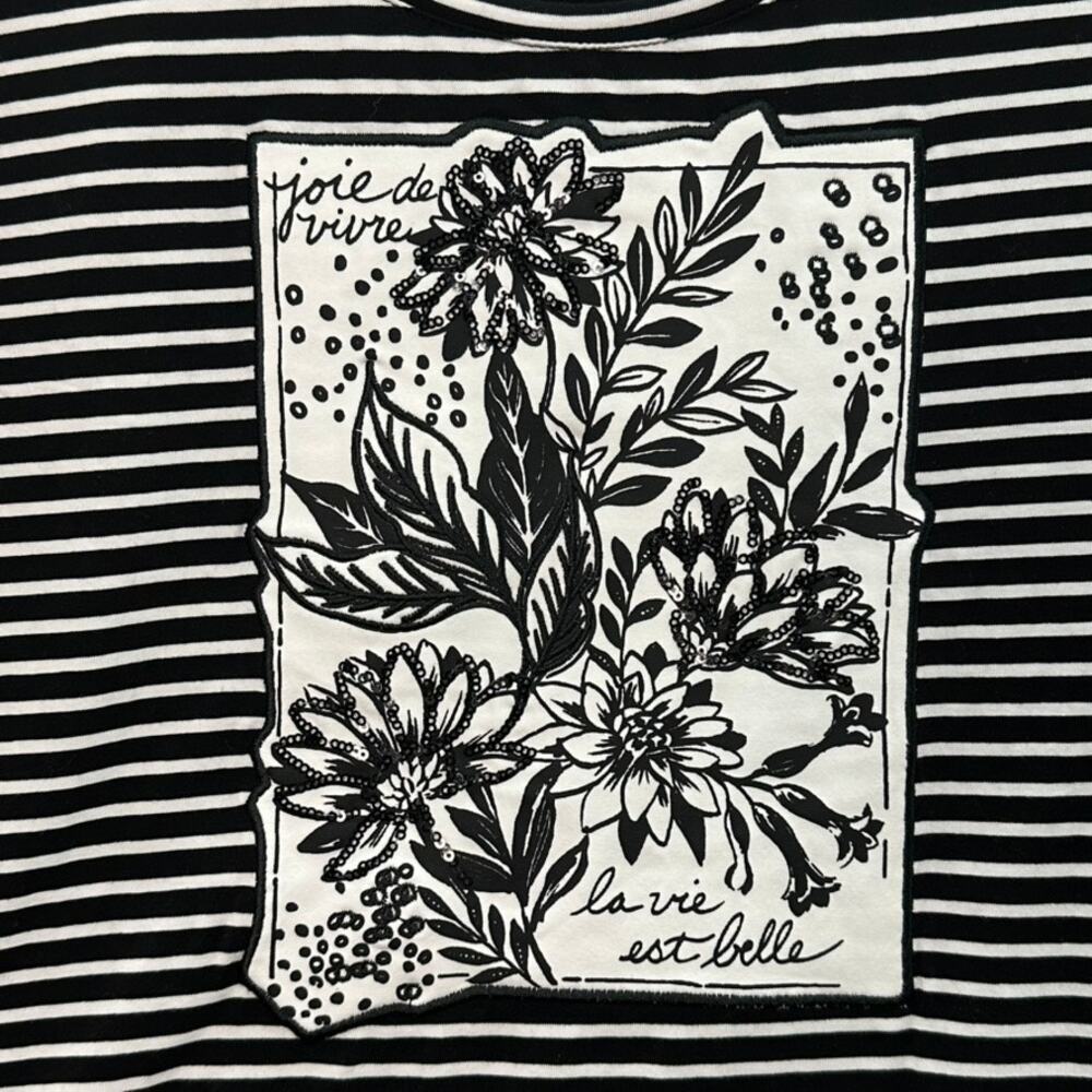 Chico's Size 2 Top Black White Striped Embroidered Floral Design Joie De Vivre - Picture 5 of 10